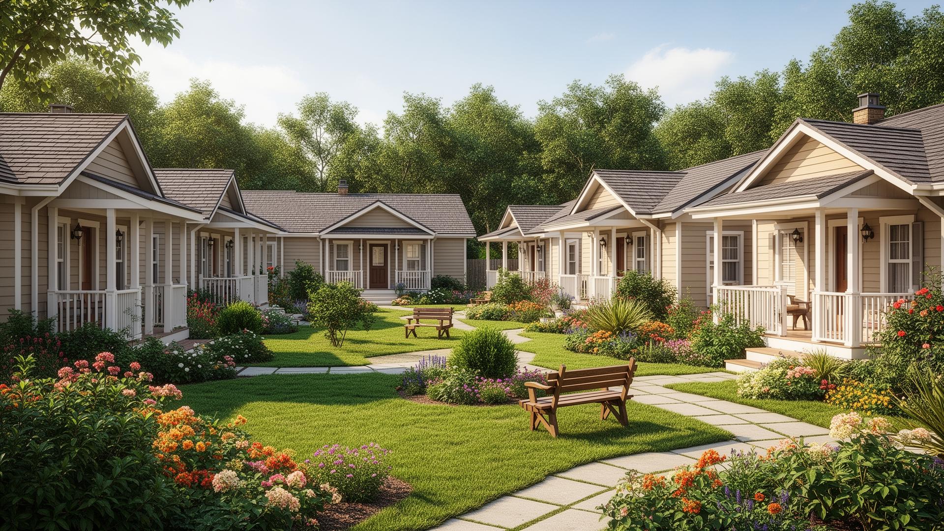 A residential community courtyard with gardens and seating